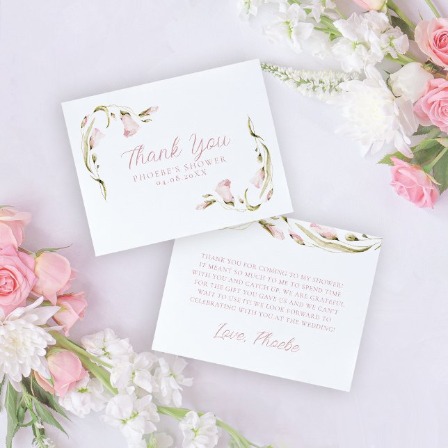 Cartão De Agradecimento Chá de Noiva Floral Aquarela Rosado Plano (Criador carregado)