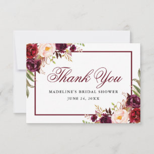 Cartão De Agradecimento Chá de Noiva Floral Burgundy Elegante
