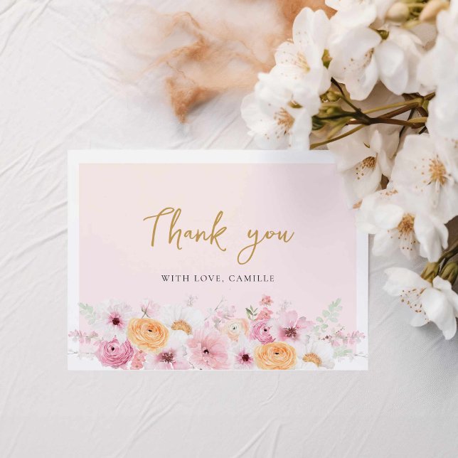 Cartão De Agradecimento Chá de Noiva Floral Elegante (Pink floral Bridal Shower Thank you card with message)