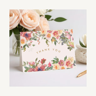 Cartão De Agradecimento Chá de Noiva Floral Rosa Elegante Dourado