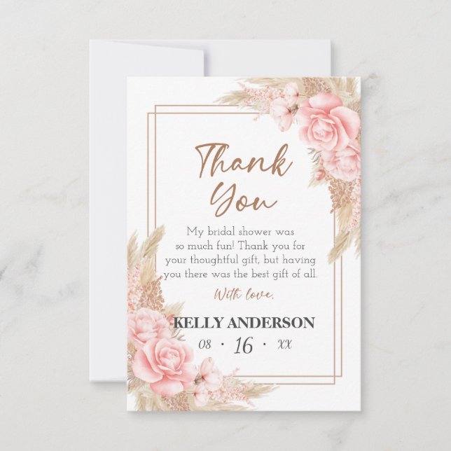 Cartão De Agradecimento Chá de Noiva Geométrico Boho Pampas Dourado Rosa (Frente)
