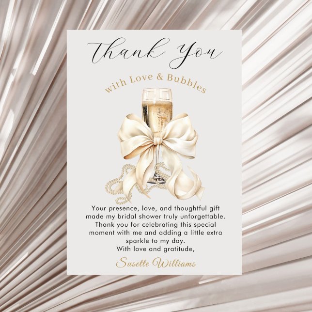 Cartão De Agradecimento Chá de Noiva Pérolas e Prosecco (Pearls and Prosecco Bridal Shower Thank you Card)