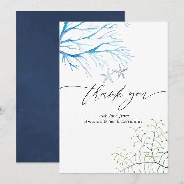 Cartão De Agradecimento Chá de Noiva Temático de Algas Marinhas em Aquarel (Frente/Verso)