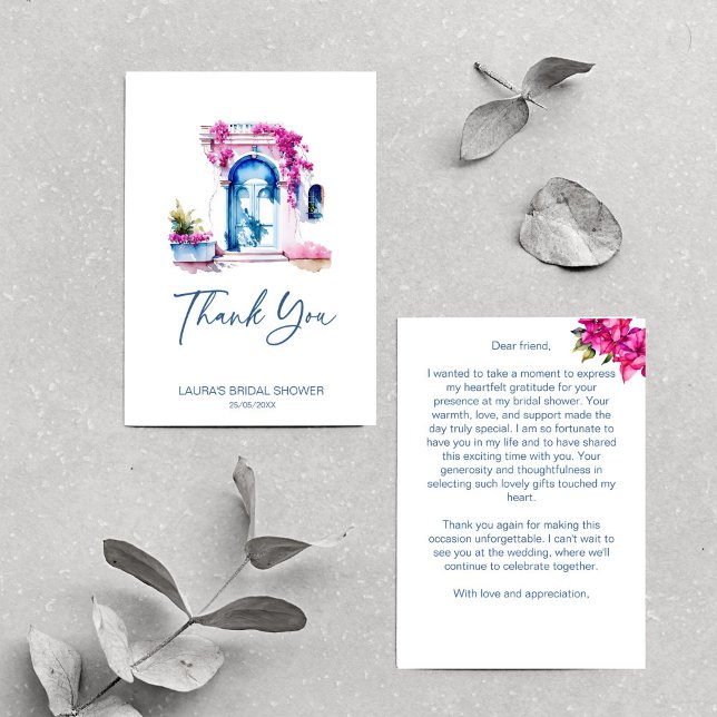 Cartão De Agradecimento Chá de noiva temático Mediterrâneo com Bougainvill (Bougainvillea Mediterranean themed bridal shower Thank You Card bridal shower thank you)