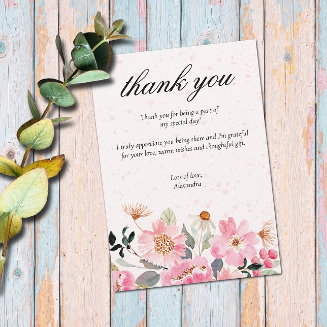 Cartão De Agradecimento Chá de panela das flores do jardim rosa-chic (Chic pink watercolor garden flowers bridal shower flat thank you cards)