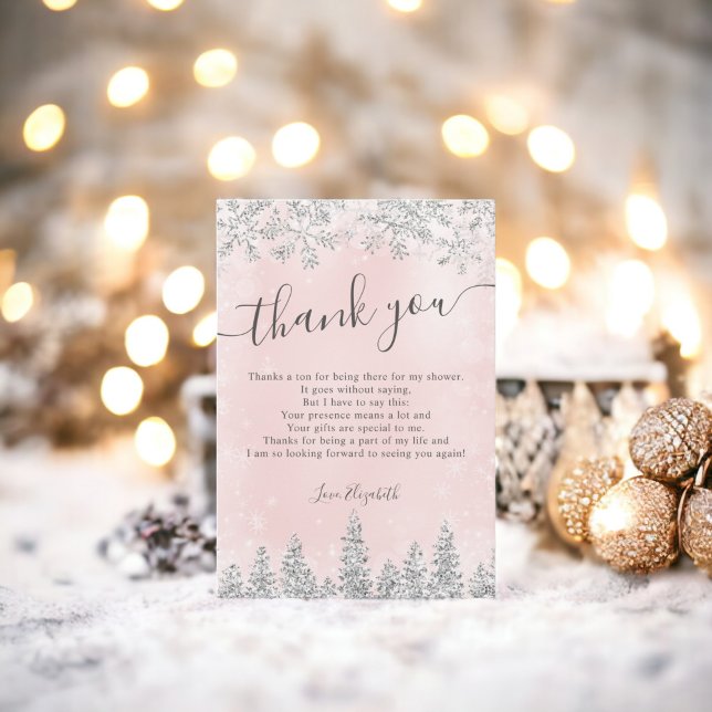 Cartão De Agradecimento Chá de panela de inverno com pinheiro rosa-prata (Silver blush pink snow pine winter bridal shower thank you card)