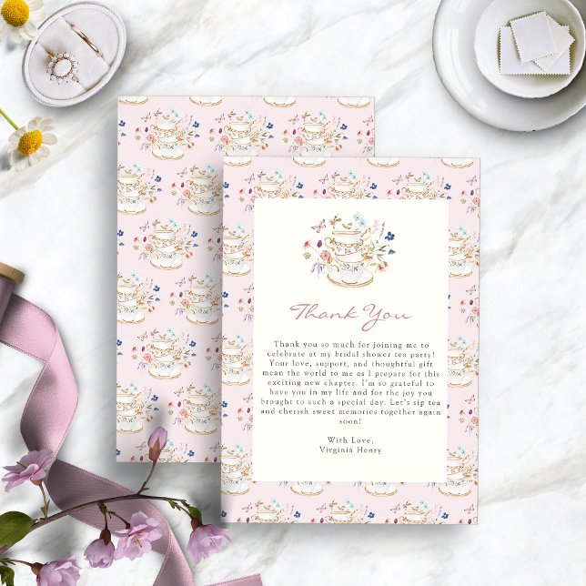 Cartão De Agradecimento Chá de panela do Tea Party Rosa (Pink Floral Tea Party Bridal Shower Thank You Card by Painted Paperie
)