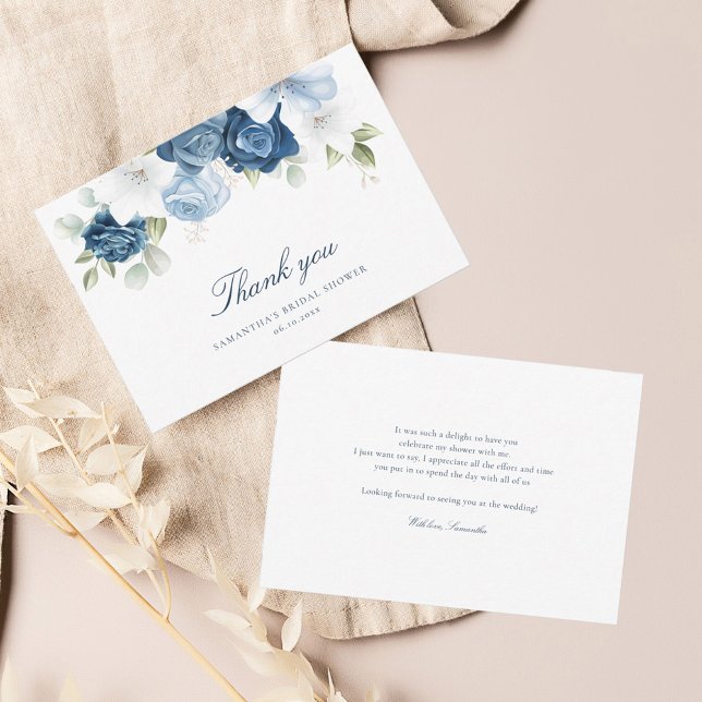 Cartão De Agradecimento Chá de panela Eucalipto Floral Azul Elegante (Dusty Blue Floral Bridal Shower Thank You Card)