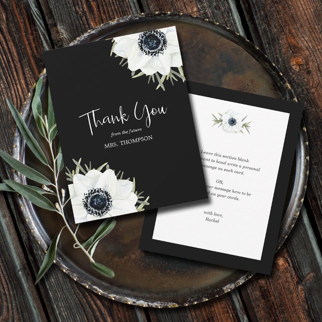 Cartão De Agradecimento Chá de panela Floral Branco Preto (Black and White Anemones Floral Flat Thank You Cards - 4.25" x 5.5")