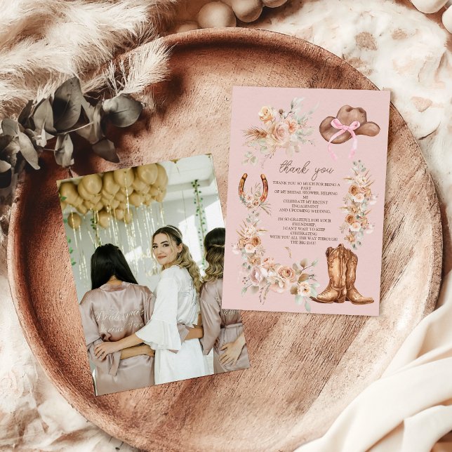 Cartão De Agradecimento Chá de panela Floral Ocidental de Foto Rosa Boho (Criador carregado)