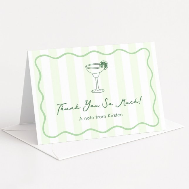 Cartão De Agradecimento Chá de panela Margarita Verde Moderno (Trendy hand-drawn style Margarita bridal shower thank you card with squiggle line border)