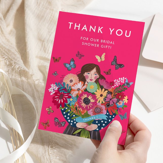 Cartão De Agradecimento Chá de panela Rosa Brilhante Trendy (Trendy Bright Pink Bridal Shower Thank You Card)