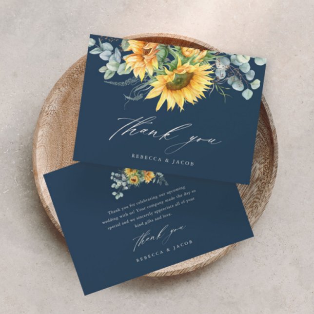 Cartão De Agradecimento Chá de panela Russo de Girassol Elegante (Elegant hand painted sunflower eucalyptus wedding bridal shower thank you card.)