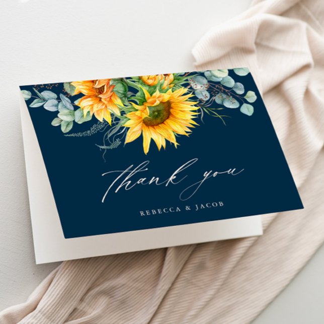 Cartão De Agradecimento Chá de panela Russo de Girassol Elegante (Rustic sunflower eucalyptus elegant bridal shower thank you card.)