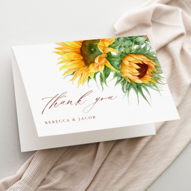 Cartão De Agradecimento Chá de panela Russo de Girassol Elegante (Rustic sunflower script bridal shower thank you cards.)