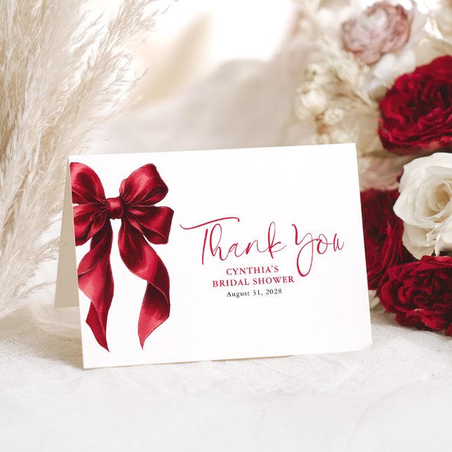 Cartão De Agradecimento Chá de panela Vermelho Elegante Obrigado (Red Bow Thank You Cards)