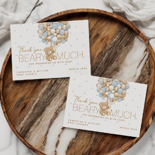 Cartão De Agradecimento Chá do Bear Azul Coração e Bebê Balão
