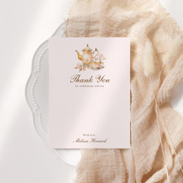 Cartão De Agradecimento Chá Elegante Rosa Pastel Dourado Chá de Noiva