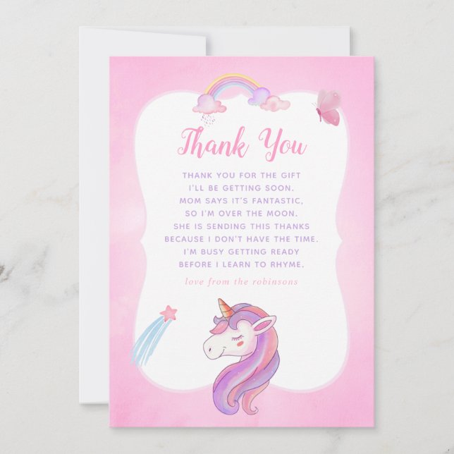 Cartão De Agradecimento Chá Rainbow Unicorn Baby Girl Obrigado (Frente)