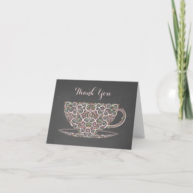 Cartão De Agradecimento Chalkboard Lacy Teacup Tea Obrigado Nota (Frente)