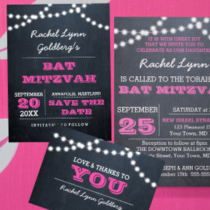 Cartão De Agradecimento Chalkboard Lights Dark Pink Bat Mitzvah Obrigado