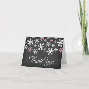 Cartão De Agradecimento Chalkboard Pink e White Snowflake Obrigado