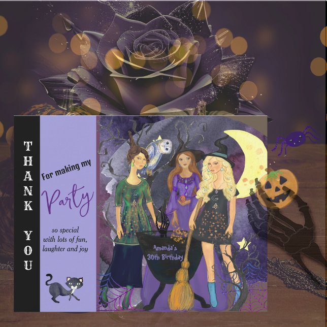 Cartão De Agradecimento Chamando todas as bruxas para o aniversário do Dia (Calling All Witches Halloween Birthday Thank You Card)