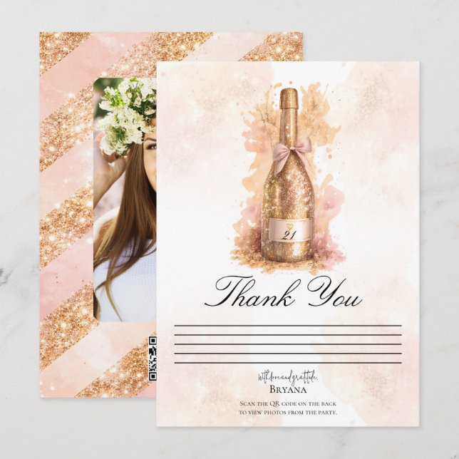 Cartão de Agradecimento Champanhe Bubbly e Glitter (Frente/Verso)