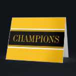 Cartão De Agradecimento CHAMPIONS Bright Yellow Orange Black White Stripes<br><div class="desc">This sporty design features golden brown and white racing stripes highlighting a wide horizontal black center stripe.  Bright golden yellow orange outer stripes complete the composition.  The CHAMPIONS text is optional and can be personalized.</div>