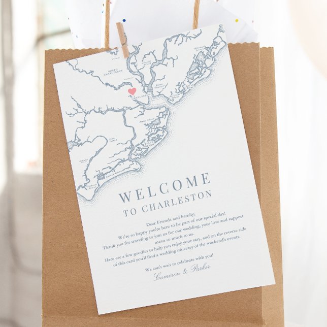 Cartão De Agradecimento Charleston SC Wedding Welcome Itinerary Dusty Blue (Charleston SC Wedding Weekend Itinerary Schedule of events in dusty blue from Coastal Map Designs)