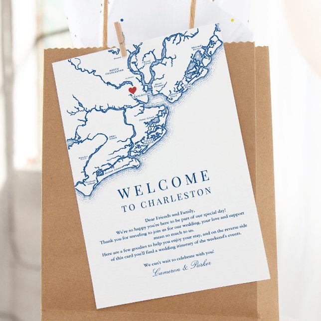 Cartão De Agradecimento Charleston SC Wedding Welcome Itinerary Marinho Bl (Charleston SC Wedding Weekend Itinerary Schedule of events in Elegant navy blue )