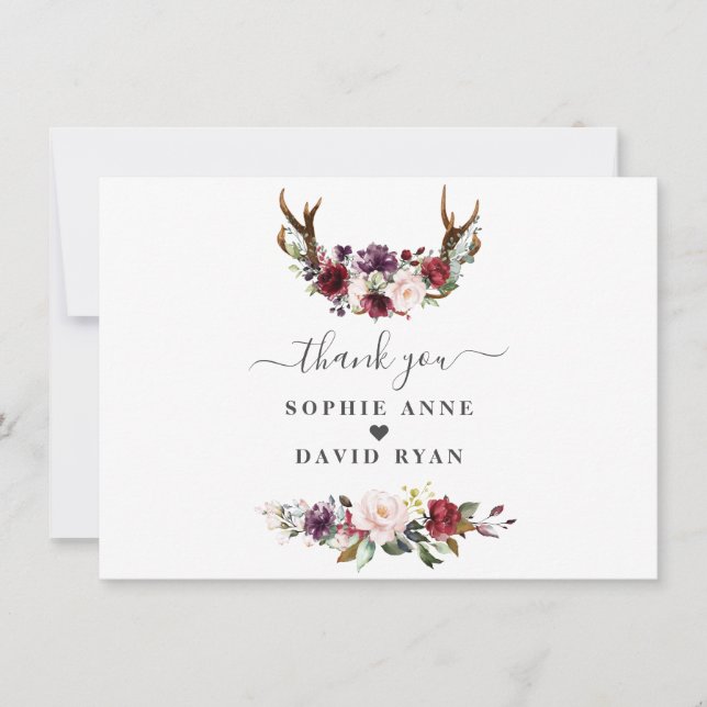 Cartão De Agradecimento Charm Burgundy Flores De Plúpia Rosa, Casamento (Frente)