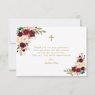 Cartão De Agradecimento Charm Burgundy Marsala Floral Girl Baptism