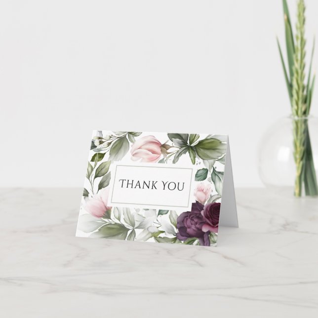 Cartão De Agradecimento Charme Botânico em Aquarela Rosa e Ameixa (Frente)