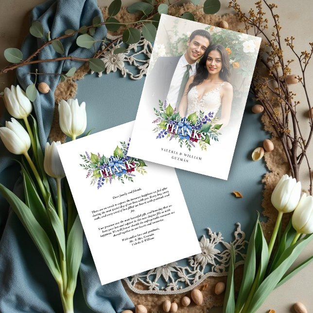 Cartão De Agradecimento Charming Romantic Floral & Transparency Overlay (Charming Romantic Floral & Transparency Overlay Wedding Thank You Card with Photo. )