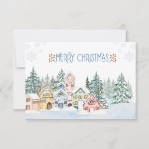 Cartão De Agradecimento Charmoso Snowy Village Watercolor Natal