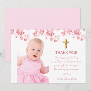 Cartão De Agradecimento Cherry Blossom Floral Foto Cross Girl Baptism