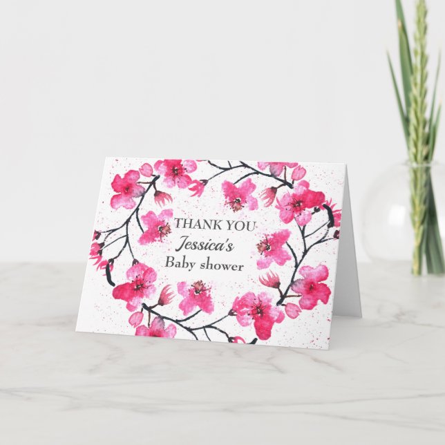 Cartão De Agradecimento Cherry Blossom, Flores Rosa, Chá de fraldas Garota (Frente)