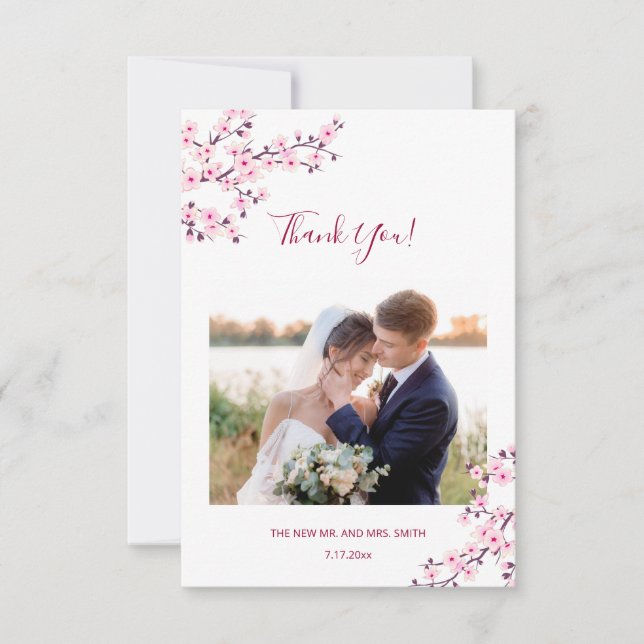 Cartão De Agradecimento Cherry Blossom Photo Wedding Thank You Card (Frente)