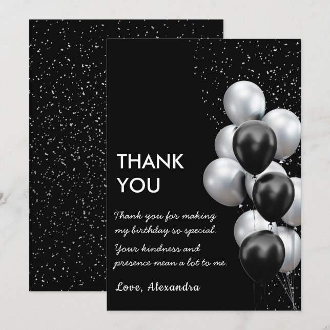 Cartão De Agradecimento Chic Black Grey Balloon  (Frente/Verso)
