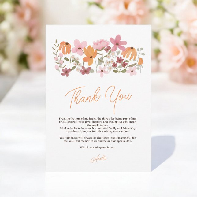 Cartão De Agradecimento Chic boho elegante campo de flores silvestres para (Elegant chic boho meadow wildflower bridal shower thank you card)