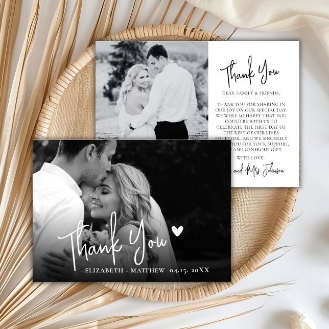 Cartão De Agradecimento Chic Casamento 2 Fotos Script Preto e Branco  (Criador carregado)