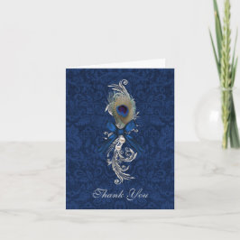 Cartão De Agradecimento Chic Damask e Casamento de Pena de Pavão Obrigado