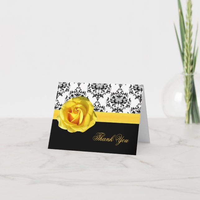 Cartão de Agradecimento Chic Damask & Rosa Amarela (Frente)