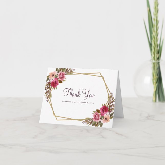 Cartão De Agradecimento Chic de Quadro Dourado de Casamento Elegante Flora (Frente)