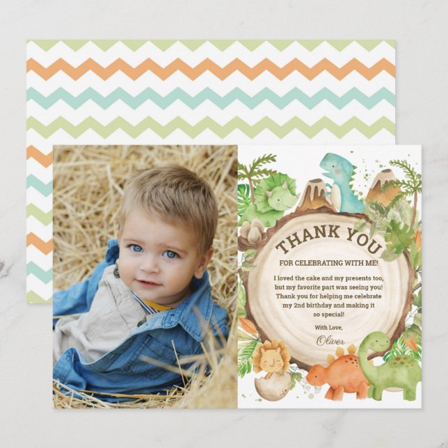Cartão De Agradecimento Chic Dinosaur Boy Birthday Greenery Chevron Foto (Frente/Verso)