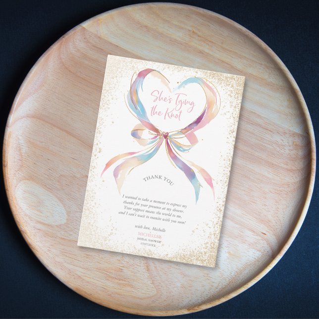 Cartão De Agradecimento Chic Ela é Casando Pink Arco Obrigado (pastel color bow ribbon in the heart shape)