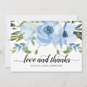 Cartão De Agradecimento Chic Love e Obrigados Dusty Blue Floral Watercolor
