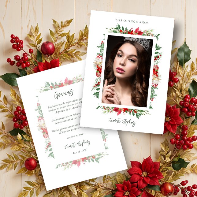 Cartão De Agradecimento Chic Quinceañera Christmas Poinsettias Frame Photo (Spanish Classic Fancy Quinceañera Christmas Poinsettias Frame Photo Couple Thank You Cards.)