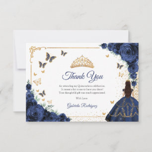Cartão De Agradecimento Chic Rosa Azul Marinho Dourada Quinceanera